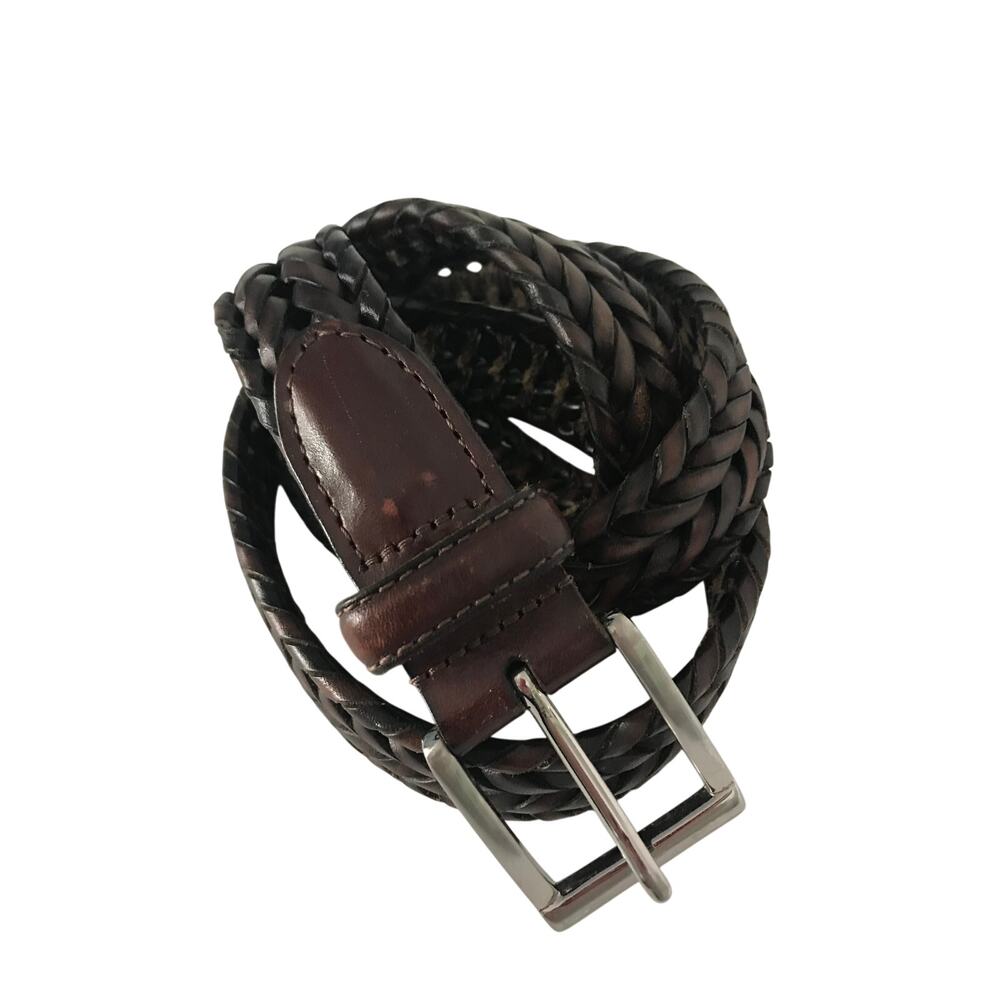 Roundtree & Yorke Belt Size 34 Men Brown Braided Leather Belt with Silver Buckle